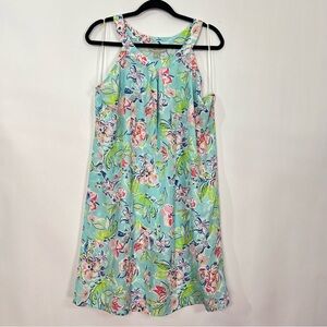 Charlie Paige Blue Pink Green Ocean Tropical Floral Print Shift Dress Sz L NWT